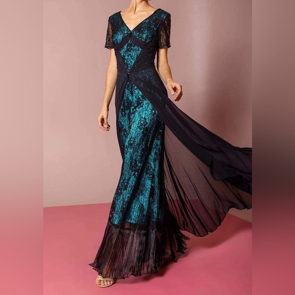 Elegant Black and Blue Lace Evening Gown
